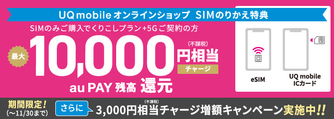SIMを差し替えるだけで月額料金が安くなる SIMのみご購入でくりこしプランご契約の方 キャッシュバック最大10,000円(不課税) ※UQ mobile対応機種でご利用いただけます。 ※別途、SIMパッケージ料金(税込3,300円)がかかります。 ※auまたはpovoからののりかえ(MNP)除く。
