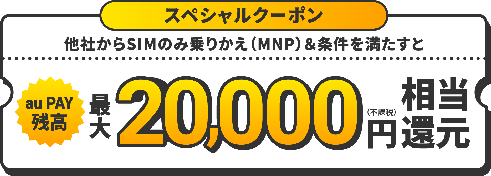 Soldi限定　スペシャルクーポン　他社からSIMのみ乗りかえ（MNP）＆クーポン利用でau PAY残高3,000円（不課税）相当還元