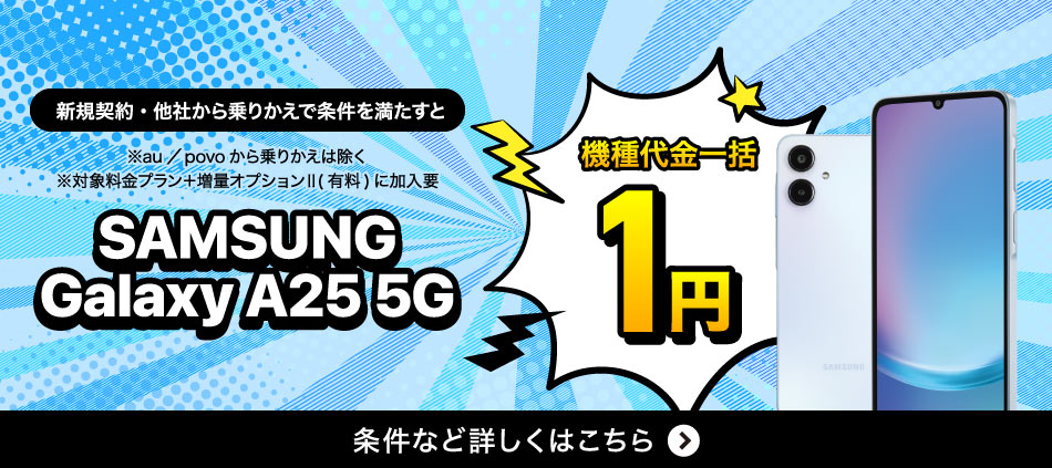 新規契約·他社から乗りかえで条件を満たすとSAMSUNG Galaxy A25 5G機種代金一括1円。条件など詳しくはこちら。