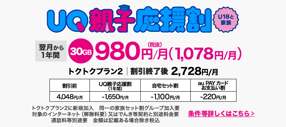 親も子もおトク。U18と家族。UQ親子応援割。条件等詳しくはこちら。