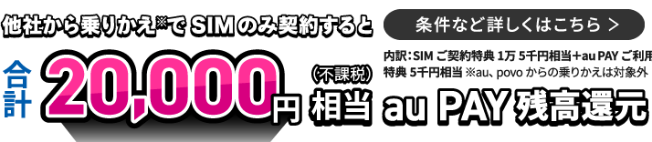 他社から乗りかえで※SIMのみ契約すると合計20,000円相当（不課税）au PAY残高還元 内訳：SIMご契約特典1万5千円相当＋au PAYご利用特典5千円相当 ※au、povoからの乗りかえは対象外 条件など詳しくはこちら＞