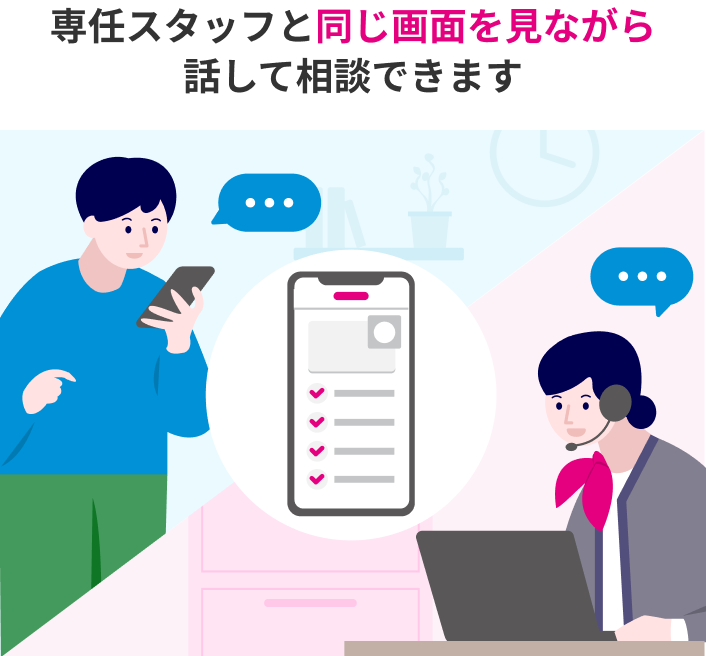 専任スタッフと同じ画面を見ながら話して相談できます