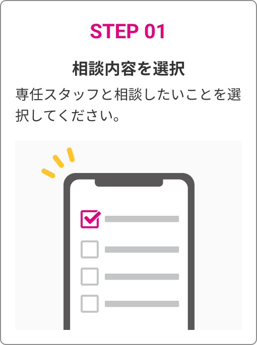STEP 01　相談内容を選択　専任スタッフと相談したいことを選択してください。