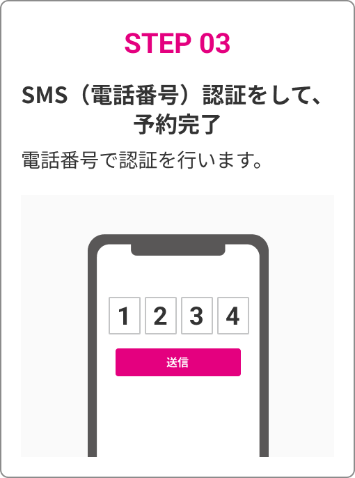 STEP 03　SMS（電話番号）認証をして、予約完了　電話番号で認証を行います。
