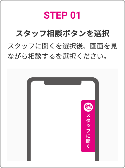 STEP 01　スタッフ相談ボタンを選択　スタッフに聞くを選択後、画面を見ながら相談するを選択ください。