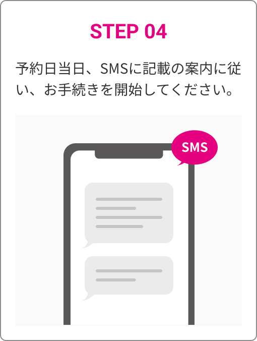 STEP 04　予約日当日、SMSに記載の案内に従い、お手続きを開始してください。