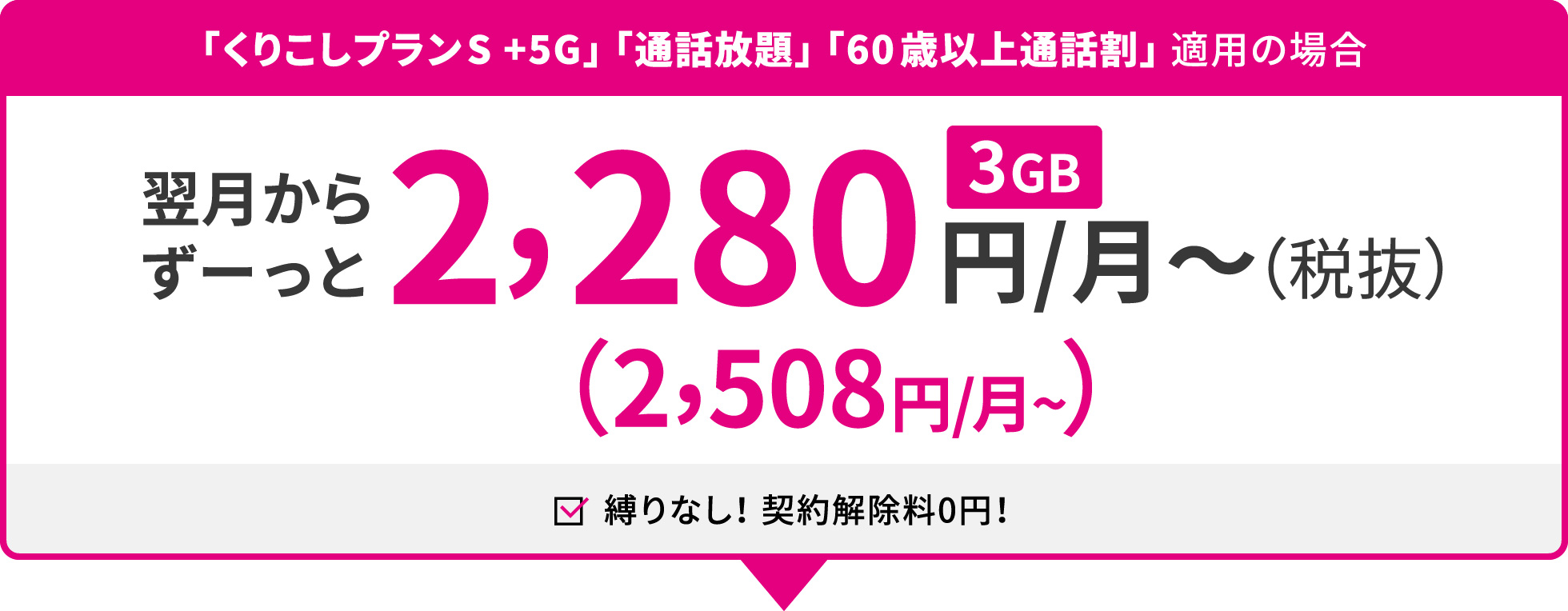「くりこしプランS +5G」 「かけ放題(24時間いつでも)」 「60歳以上通話割」 適用の場合、翌月からずーっと3GB2,180円/月〜(税抜)( 税込 2,398円/月 ) 縛りなし! 契約解除料0円!