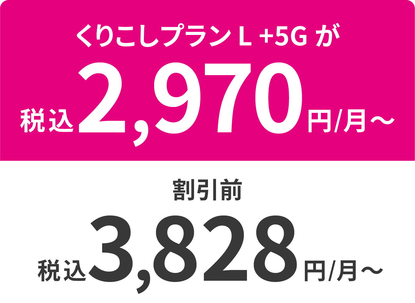 くりこしプランL +5Gが税込2,970円/月～ 割引前 税込3,828円/月～